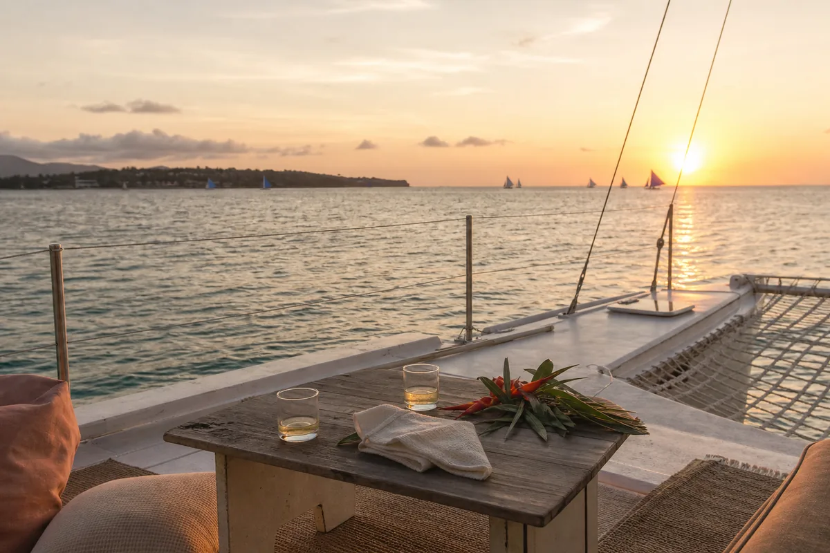 AI-generated concept of a private catamaran proposal at sunset off Boracay