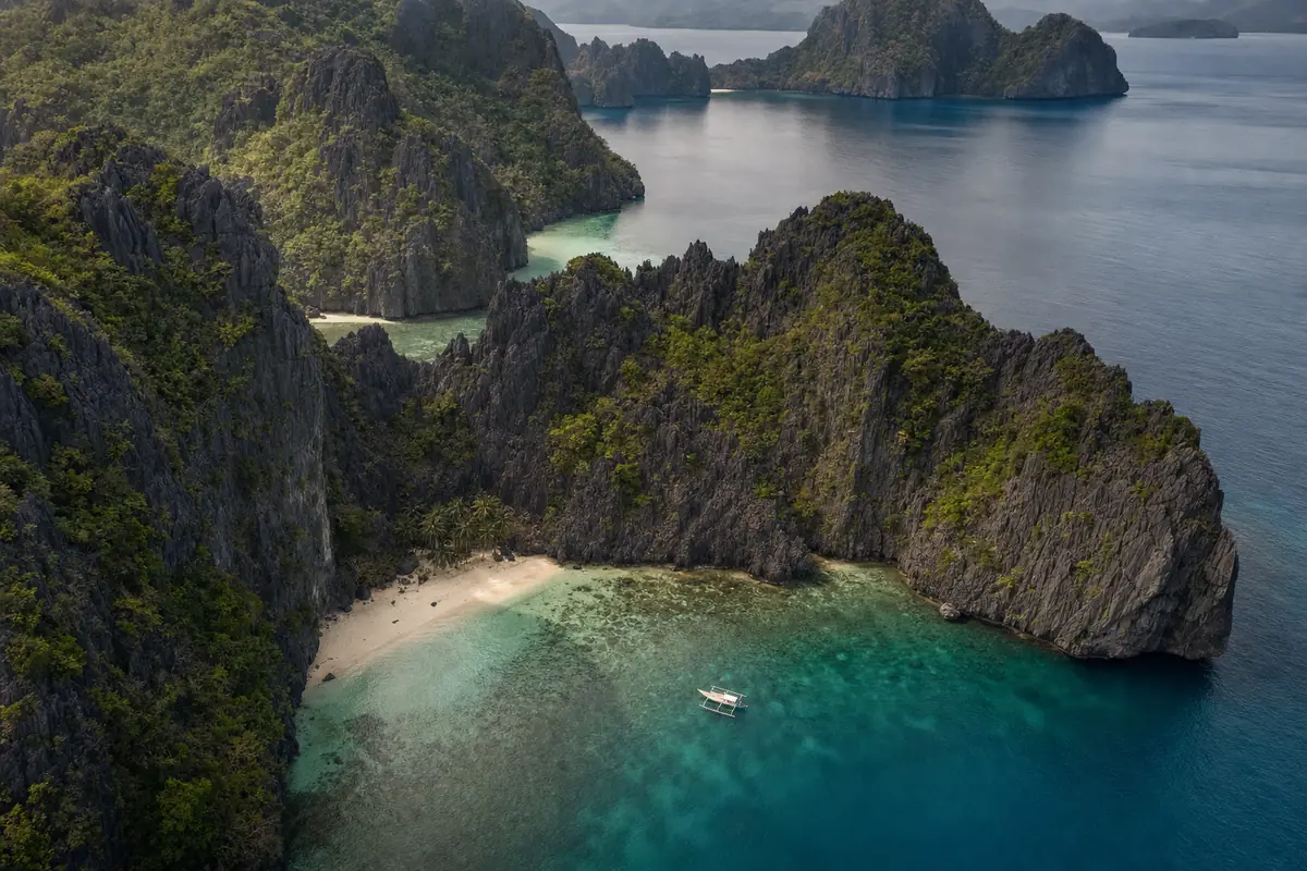 AI-generated location view inspired by Bacuit Bay near El Nido, Palawan