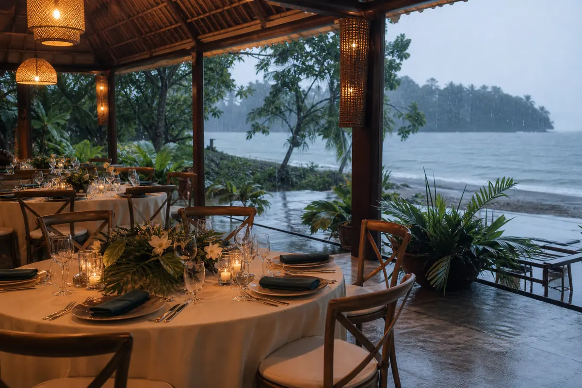 AI-generated covered pavilion concept illustrating a rain Plan B for an island event
